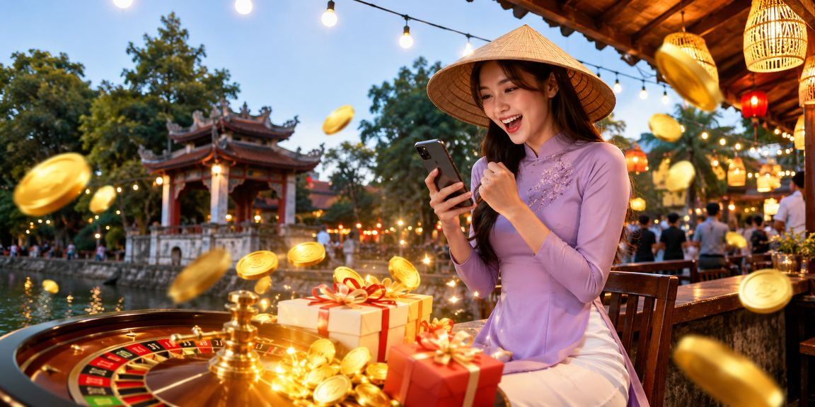 Bàn Roulette với chiếc nón lá Việt Nam trong không khí casino đặc trưng Hà Nội